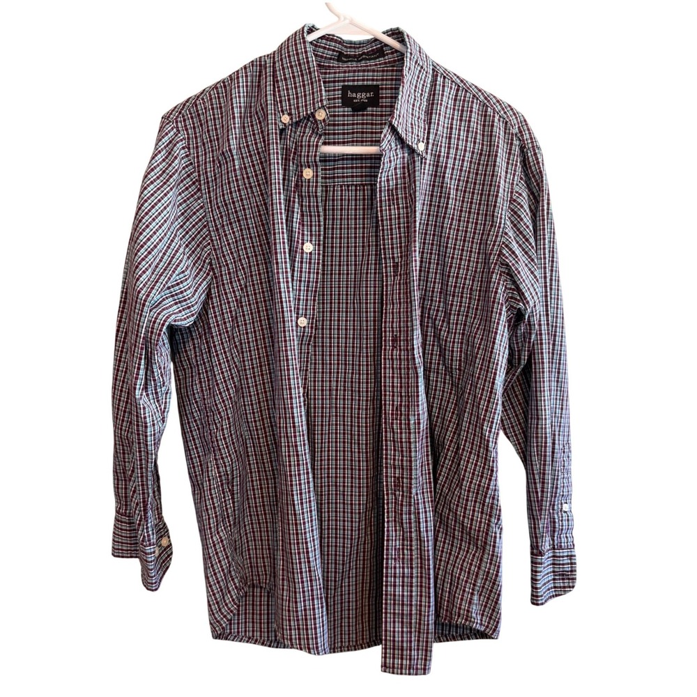 Haggar Mens Plaid Button Down Shirt Purple Teal Wrinkle‎ Resistant Long Sleeve M